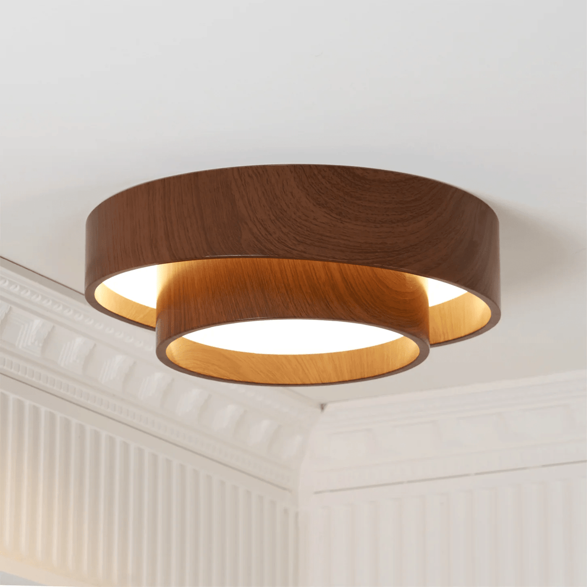 Plafonnier LED encastré finition noyer pour chambre, salon et salle à manger, éclairage plafonnier d'ambiance discret, style minimaliste contemporain