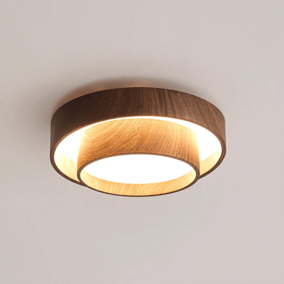 Plafonnier LED encastré finition noyer pour chambre, salon et salle à manger, éclairage plafonnier d'ambiance discret, style minimaliste contemporain