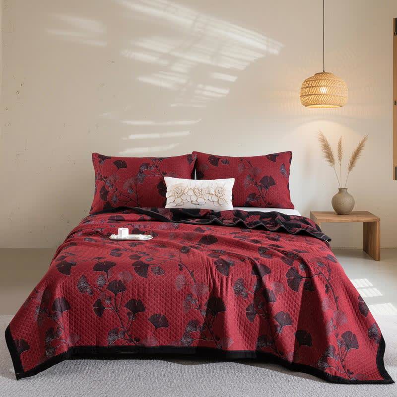 Reversible Cotton Quilt Ginkgo Leaf Design All-Season Bedspread Lightweight Throw Blanket for Bedroom Sofa Couch Travel Comfort