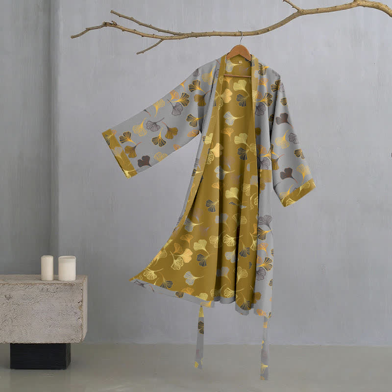 Cotton Gauze Kimono Robe Women Men Lightweight Bathrobe Ginkgo Leaf Pattern Unisex Loungewear Spa Wrap Housecoat Sleepwear Quick-Dry