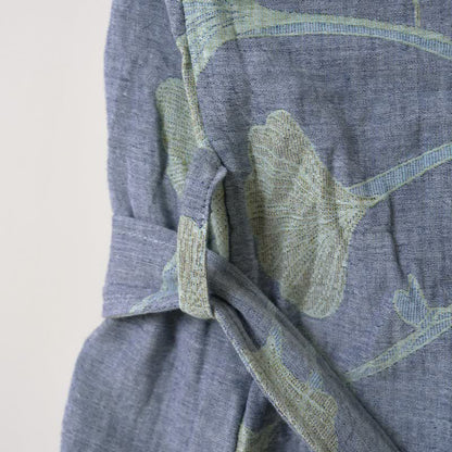 Reversible Cotton Kimono Robe with Ginkgo Leaf Print for Women - Lightweight Spa Bathrobe with Belt & Dual-Tone Design