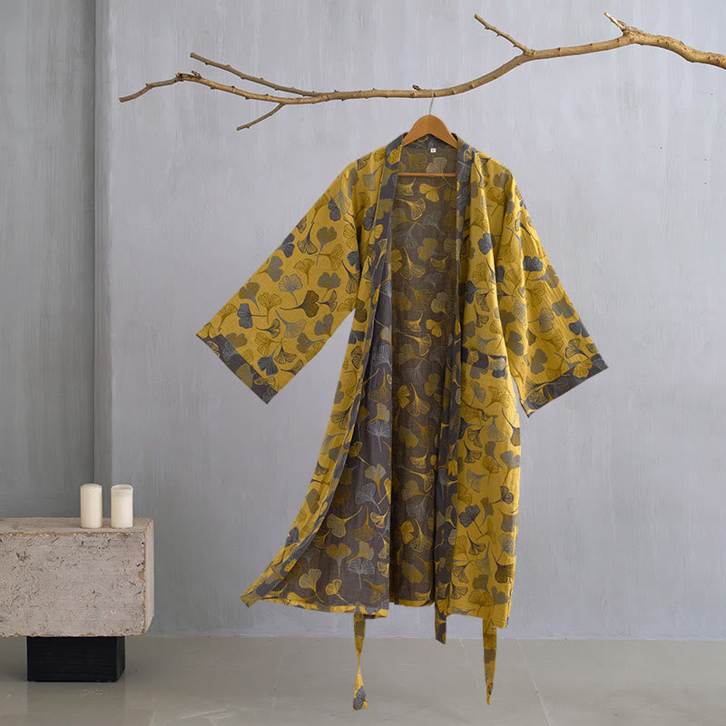 Cotton Gauze Kimono Robe Women Men Lightweight Bathrobe Ginkgo Leaf Pattern Unisex Loungewear Spa Wrap Housecoat Sleepwear Quick-Dry