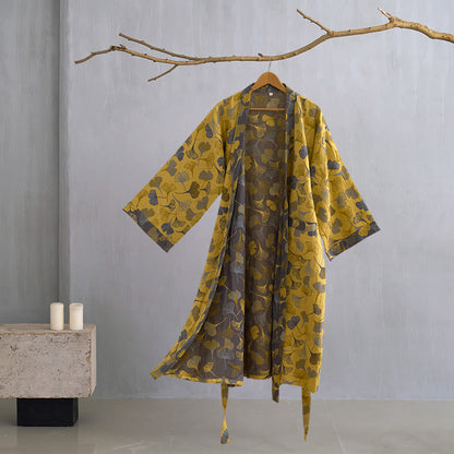 Cotton Gauze Kimono Robe Women Men Lightweight Bathrobe Ginkgo Leaf Pattern Unisex Loungewear Spa Wrap Housecoat Sleepwear Quick-Dry