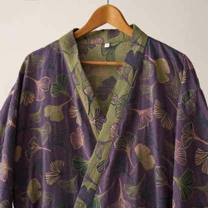 Cotton Gauze Kimono Robe Women Men Lightweight Bathrobe Ginkgo Leaf Pattern Unisex Loungewear Spa Wrap Housecoat Sleepwear Quick-Dry