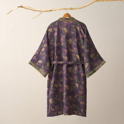 Cotton Gauze Kimono Robe Women Men Lightweight Bathrobe Ginkgo Leaf Pattern Unisex Loungewear Spa Wrap Housecoat Sleepwear Quick-Dry