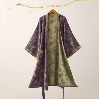 Cotton Gauze Kimono Robe Women Men Lightweight Bathrobe Ginkgo Leaf Pattern Unisex Loungewear Spa Wrap Housecoat Sleepwear Quick-Dry