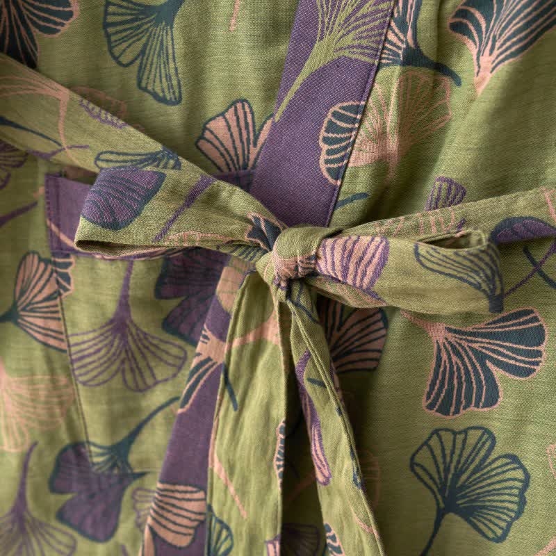 Cotton Gauze Kimono Robe Women Men Lightweight Bathrobe Ginkgo Leaf Pattern Unisex Loungewear Spa Wrap Housecoat Sleepwear Quick-Dry