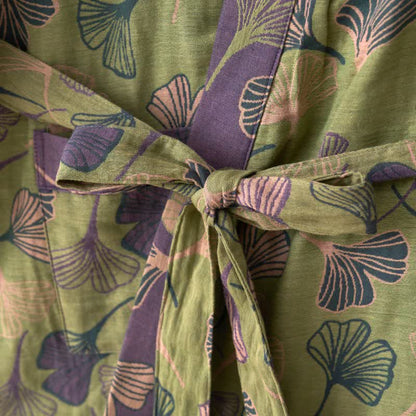 Cotton Gauze Kimono Robe Women Men Lightweight Bathrobe Ginkgo Leaf Pattern Unisex Loungewear Spa Wrap Housecoat Sleepwear Quick-Dry