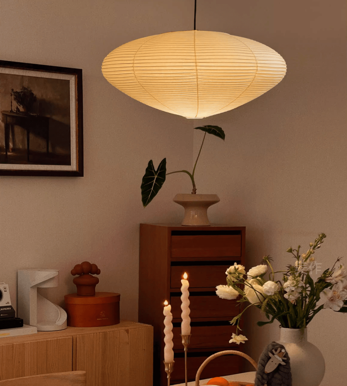 Handmade Rice Paper Sphere Pendant Lamp for Dining Room & Bedroom | Sculptural Ceiling Fixture with Adjustable Cord | E26 Edison Bulb Compat