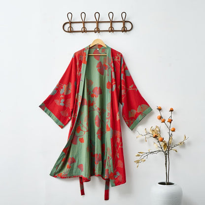 Reversible Cotton Kimono Robe with Ginkgo Leaf Print for Women - Lightweight Spa Bathrobe with Belt & Dual-Tone Design