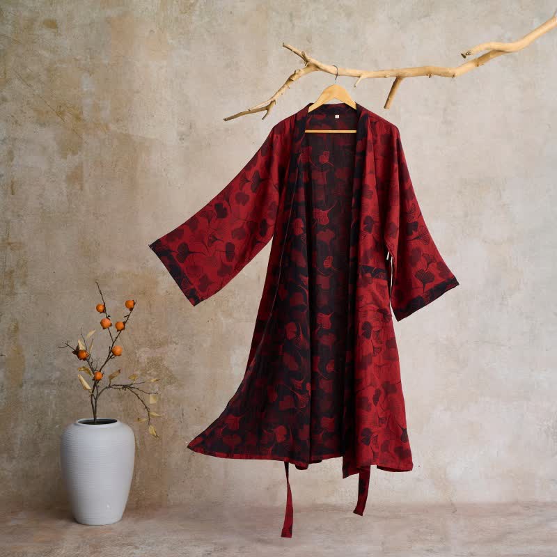 Cotton Gauze Kimono Robe Women Men Lightweight Bathrobe Ginkgo Leaf Pattern Unisex Loungewear Spa Wrap Housecoat Sleepwear Quick-Dry