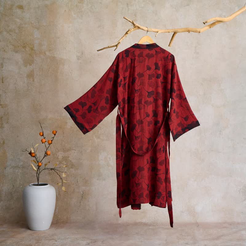 Cotton Gauze Kimono Robe Women Men Lightweight Bathrobe Ginkgo Leaf Pattern Unisex Loungewear Spa Wrap Housecoat Sleepwear Quick-Dry