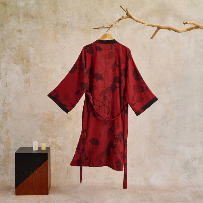 Women's Japanese-Style Cotton Gauze Robe with Oversized Botanical Print | Lightweight Kimono Wrap for Loungewear & Sleepwear