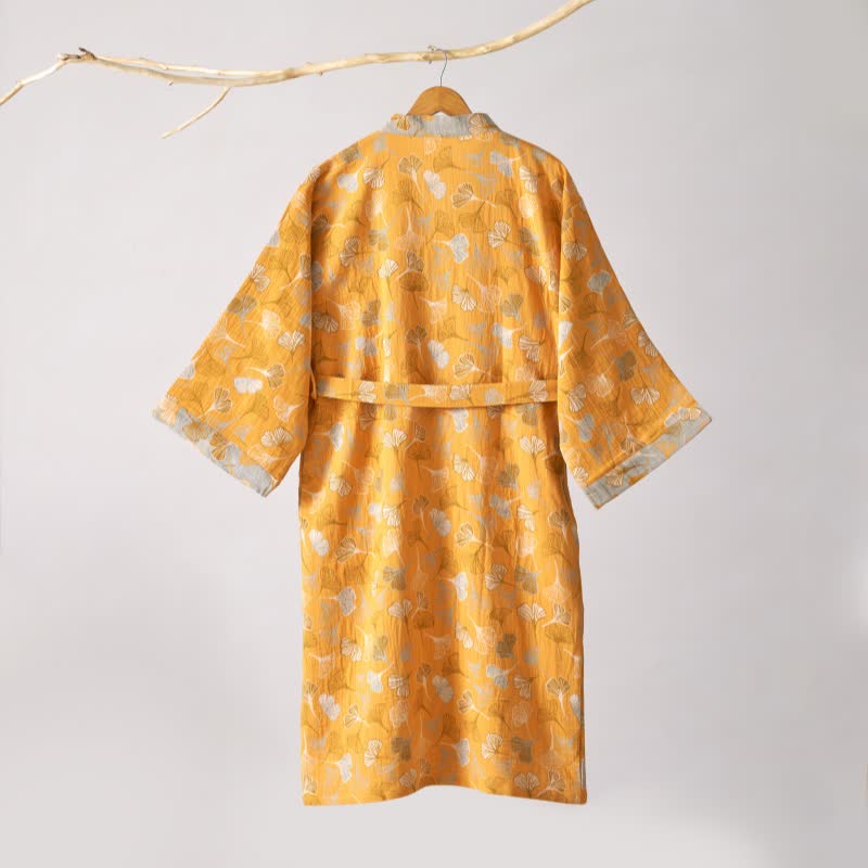 Cotton Gauze Kimono Robe Women Men Lightweight Bathrobe Ginkgo Leaf Pattern Unisex Loungewear Spa Wrap Housecoat Sleepwear Quick-Dry