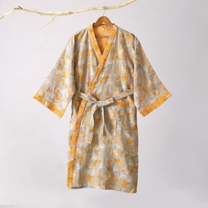 Cotton Gauze Kimono Robe Women Men Lightweight Bathrobe Ginkgo Leaf Pattern Unisex Loungewear Spa Wrap Housecoat Sleepwear Quick-Dry