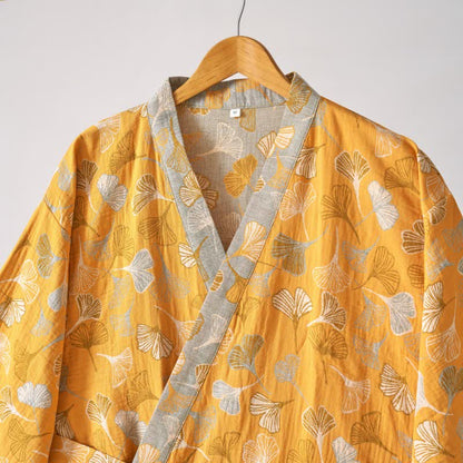 Cotton Gauze Kimono Robe Women Men Lightweight Bathrobe Ginkgo Leaf Pattern Unisex Loungewear Spa Wrap Housecoat Sleepwear Quick-Dry