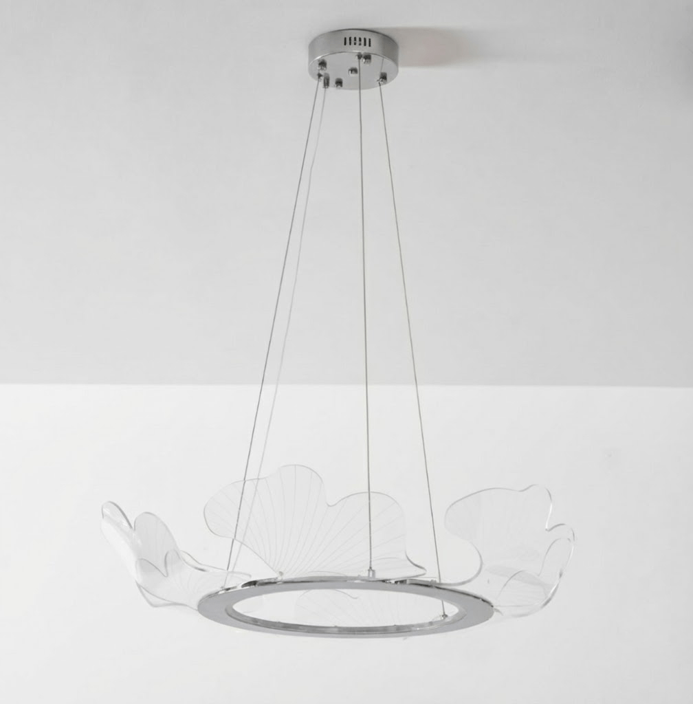 Round Pendant Light with Acrylic Leaf Diffuser 27 in Gold Adjustable Height LED for Kitchen Dining Room Office Bedroom Modern Flush Mount Fi