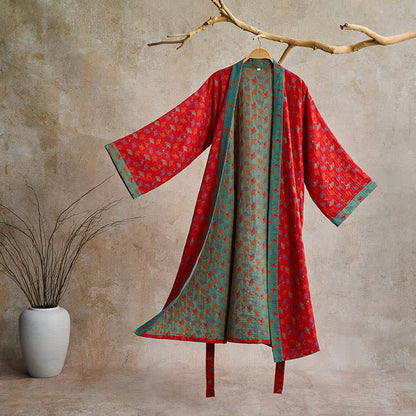 Peignoir kimono en gaze de coton légère pour femme et homme – Tenue d'intérieur de style japonais avec imprimé feuilles de ginkgo et ceinture ajustable – Respirant