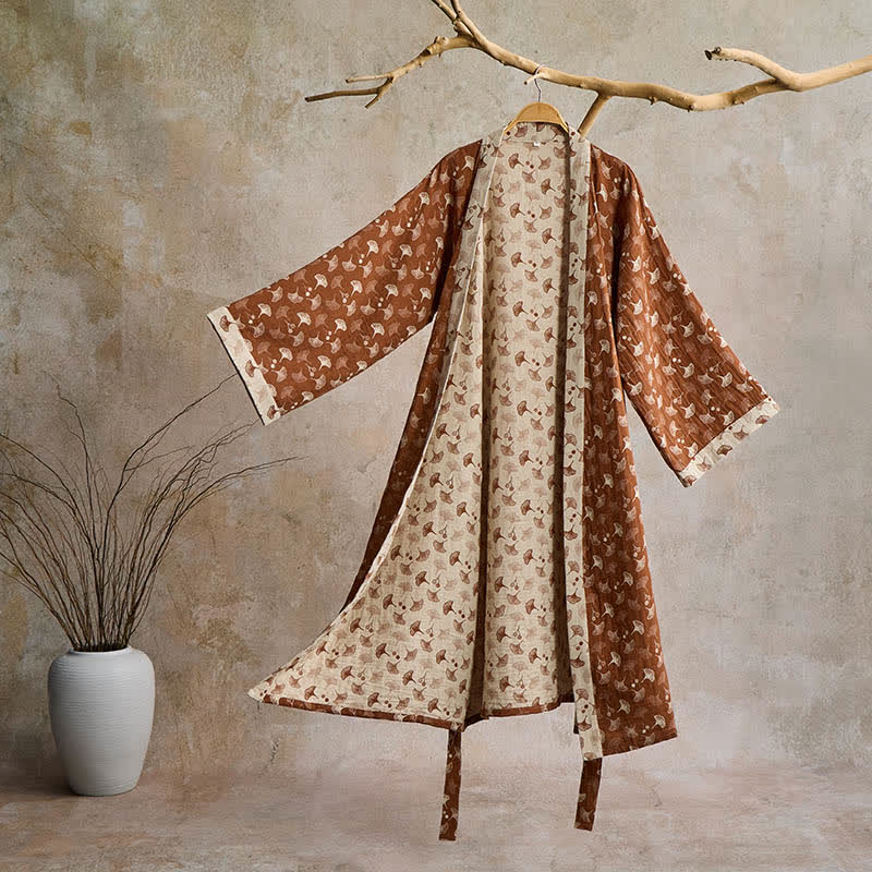 Peignoir kimono en gaze de coton légère pour femme et homme – Tenue d'intérieur de style japonais avec imprimé feuilles de ginkgo et ceinture ajustable – Respirant