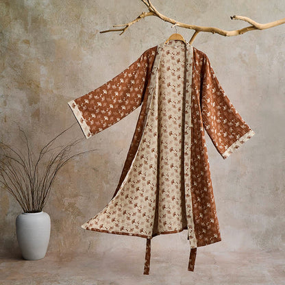 Peignoir kimono en gaze de coton légère pour femme et homme – Tenue d'intérieur de style japonais avec imprimé feuilles de ginkgo et ceinture ajustable – Respirant