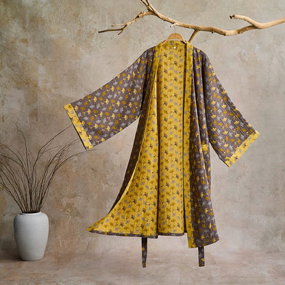 Peignoir kimono en gaze de coton légère pour femme et homme – Tenue d'intérieur de style japonais avec imprimé feuilles de ginkgo et ceinture ajustable – Respirant