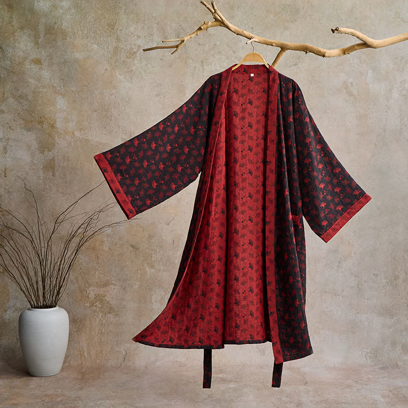 Peignoir kimono en gaze de coton légère pour femme et homme – Tenue d'intérieur de style japonais avec imprimé feuilles de ginkgo et ceinture ajustable – Respirant