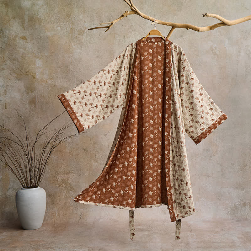 Peignoir kimono en gaze de coton légère pour femme et homme – Tenue d'intérieur de style japonais avec imprimé feuilles de ginkgo et ceinture ajustable – Respirant