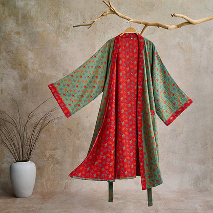 Peignoir kimono en gaze de coton légère pour femme et homme – Tenue d'intérieur de style japonais avec imprimé feuilles de ginkgo et ceinture ajustable – Respirant