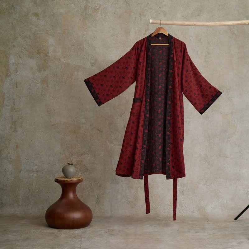 Peignoir kimono en gaze de coton légère pour femme et homme – Tenue d'intérieur de style japonais avec imprimé feuilles de ginkgo et ceinture ajustable – Respirant