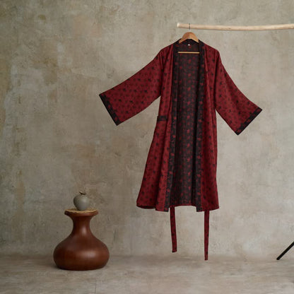 Peignoir kimono en gaze de coton légère pour femme et homme – Tenue d'intérieur de style japonais avec imprimé feuilles de ginkgo et ceinture ajustable – Respirant