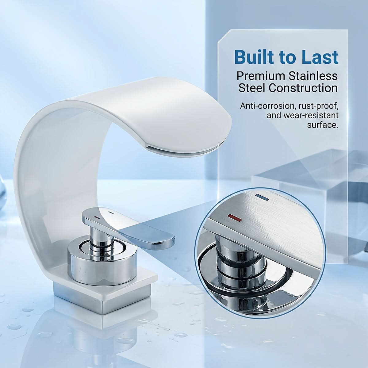 Curved Waterfall Bathroom Sink Faucet with Mirror Finish – Single Handle Hot & Cold Mixer Tap for Modern Vanity & Basin – Polished