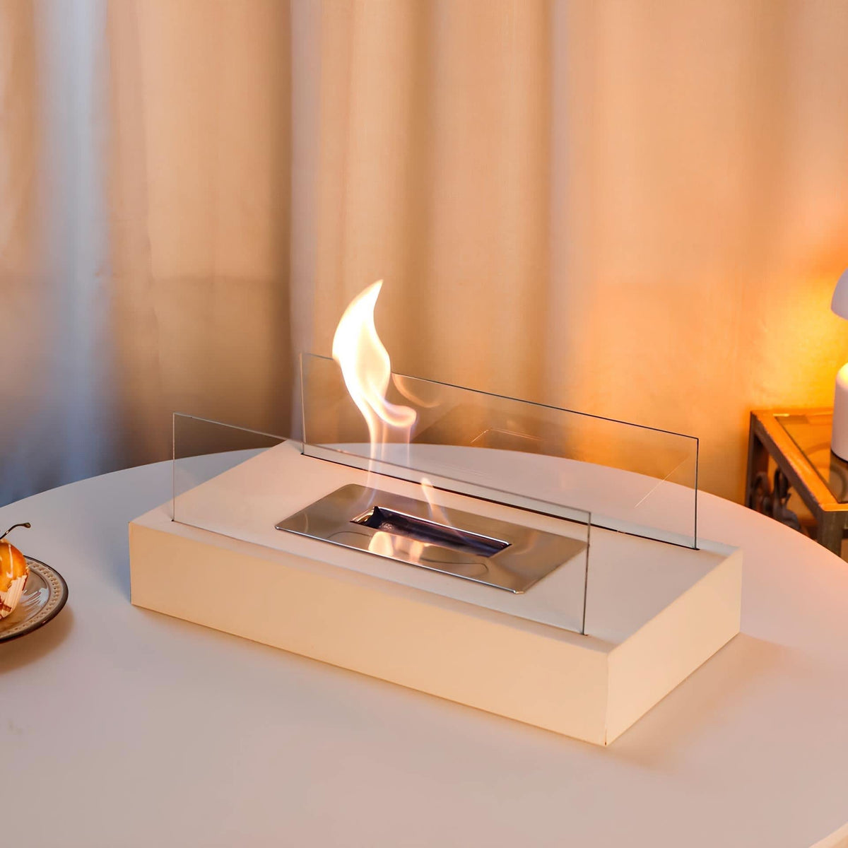 Compact Bioethanol Flame Bowl Steel & Glass 11 in Desk Fire Pit Indoor Outdoor Ambiance Heater Portable Eco Table Top Burner Living Room Pat