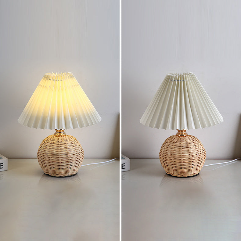 Nordic Rattan Table Lamp with Fabric Shade, USB Powered & Infinitely Dimmable LED Light for Bedroom, Living Room, Study