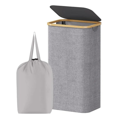 Collapsible Hamper with Cover & Removable Liner 100L Capacity for Bedroom Bathroom White Gray Black Bamboo Handles Upright Design