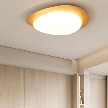 Oval Stone-Textured LED Ceiling Mount Light with Timber Finish for Bedrooms | Modern Hardwired Close-to-Ceiling Fixture for Living Rooms &