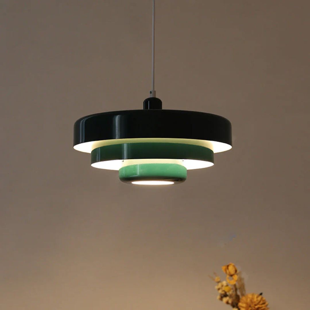Hanging Iron Ceiling Fixture 14 Inch Layered Shade Height-Adjustable for Kitchen Dining Room Bedroom Modern Retro Downlight E27 Socket