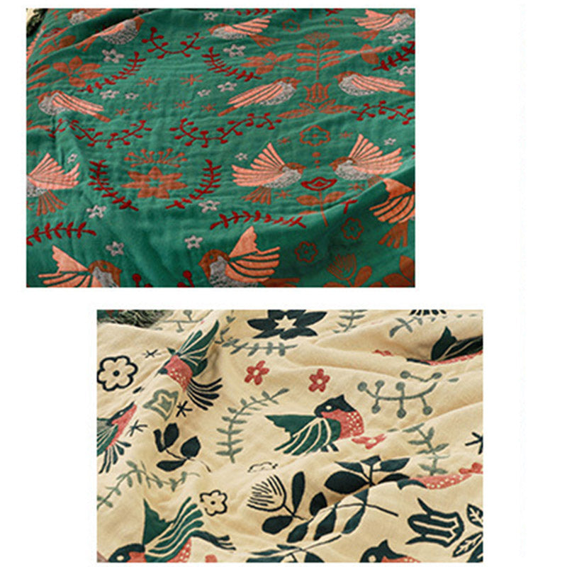 Reversible Cotton Throw Blanket with Woven Bird & Floral Pattern, Tasseled Edge for Couch, Sofa, Bed – Double-Sided Bohemian Home Accent