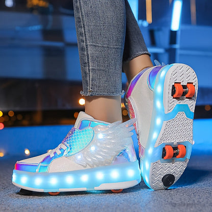 LED Light-Up Wheeled Sneakers for Kids – Pink Canvas High-Top with Wing Design & USB Charging for Girls & Teens