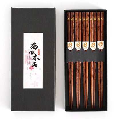 Wooden Eating Sticks 5-Pair Set Natural Timber Cherry Blossom Pattern for Asian Cuisine Rice Noodle Bowl Tableware