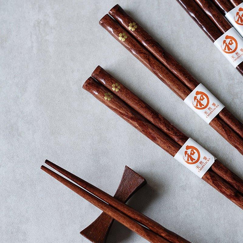 Wooden Eating Sticks 5-Pair Set Natural Timber Cherry Blossom Pattern for Asian Cuisine Rice Noodle Bowl Tableware