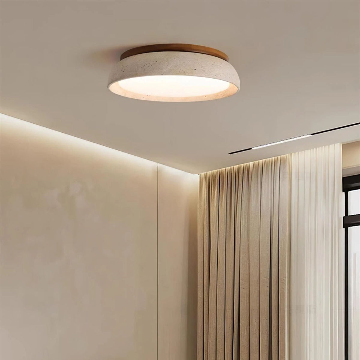 Flush Mount LED Overhead Light with Natural Stone & Wood Accents for Bedrooms, Hallways & Low Ceilings – Warm 3000K Glow, Scandinavian Minim