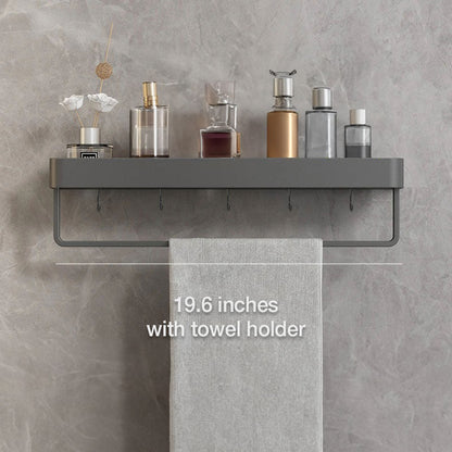 Adhesive Shower Caddy Organizer Gray Aluminum Wall Mount Storage Rack with Towel Bar 12 Inch Floating Shelf for Bathroom Toiletries Soap Sha