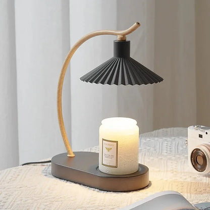 Tabletop Wax Melt Warmer with LED Glow - Wood Accent & Pleated Fabric Shade for Scent Diffusion & Gentle Illumination