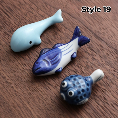 Porcelain Utensil Holders with Animal and Fruit Designs for Asian Dining – Set of 3 Decorative Tabletop Rests