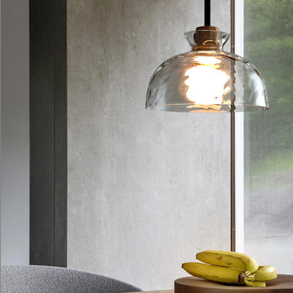 Hanging Ceiling Fixture Glass and Wood Shade Adjustable Cord E26 Socket for Bedroom Den Kitchen Dining Room Hallway