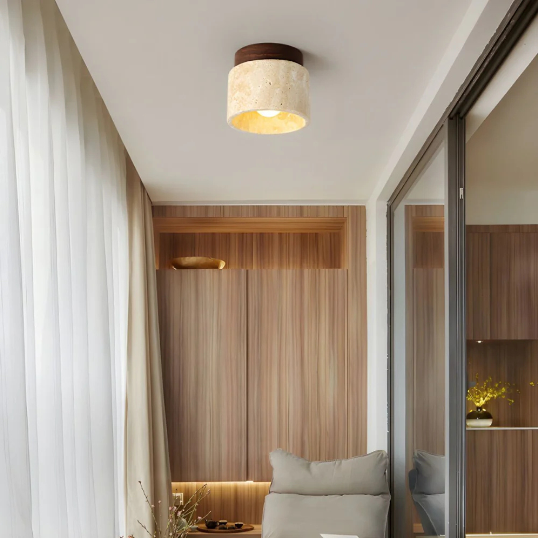 Plafonnier encastré en pierre naturelle et bois, 12 cm, lumière chaude pour petites pièces, entrée, luminaire compact, style japonais minimaliste