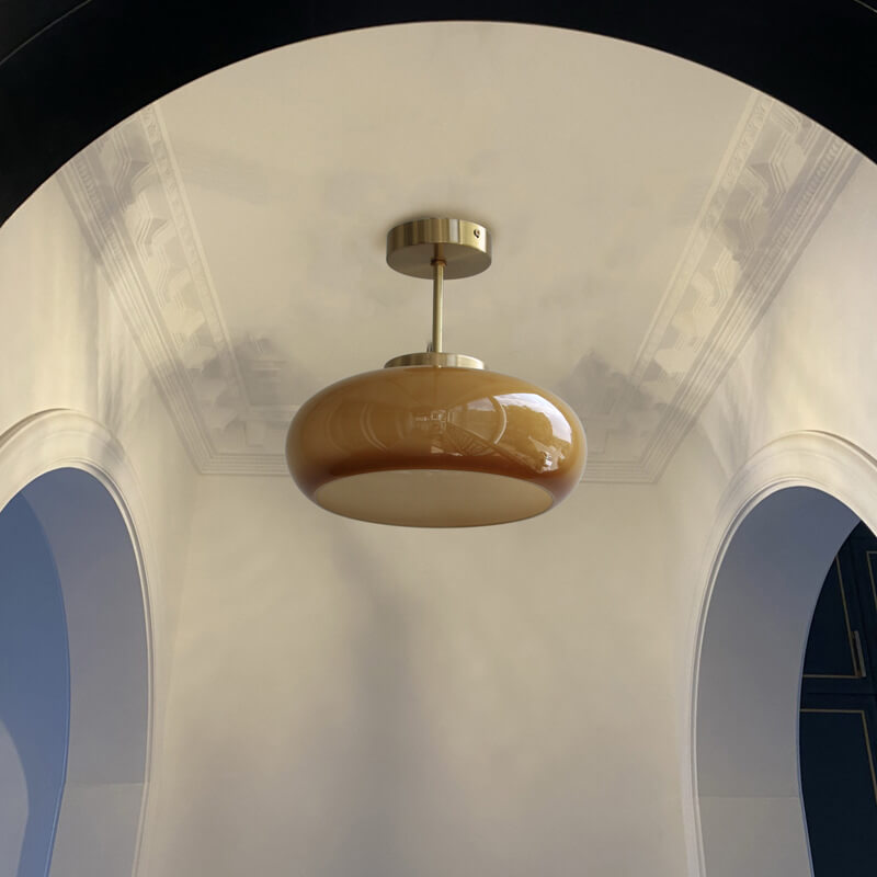 Amber Glass Semi-Flush Ceiling Light with Antique Gold Finish for Bedroom & Living Room - 11 Inch Single-Bulb Hardwired Fixture