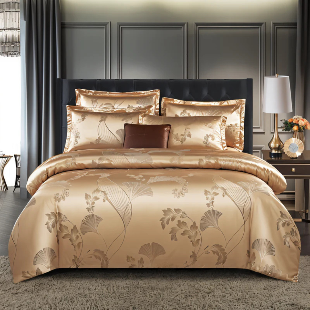 Floral Jacquard Duvet Cover Set Silky Satin Bedding 3-Piece with Pillowcases All Season Breathable Comforter Cover for Bedroom Décor
