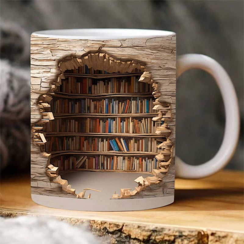 Ceramic Mug with 3D Bookshelf Wrap Design for Coffee Tea Hot Drinks Book Lovers Library Kitchen Microwave Dishwasher Safe Literary Gift