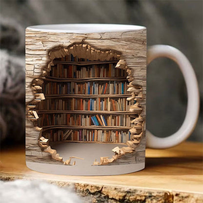 Ceramic Mug with 3D Bookshelf Wrap Design for Coffee Tea Hot Drinks Book Lovers Library Kitchen Microwave Dishwasher Safe Literary Gift
